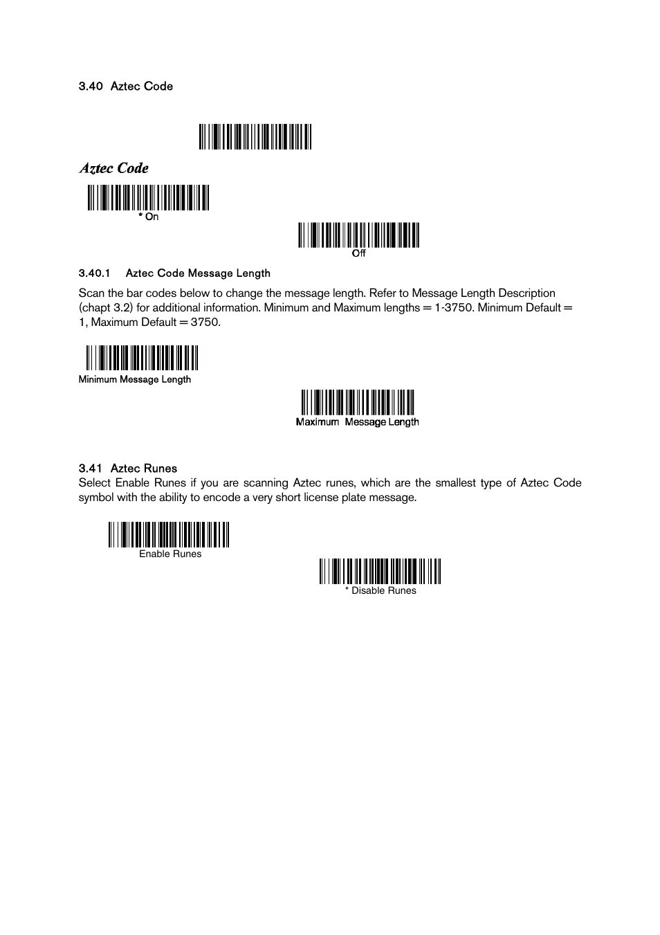 Aztec code, Aztec code message length, Aztec runes | Ztec, Az ec code message leng h, Unes | Baracoda BCM 2604 User Manual | Page 42 / 49