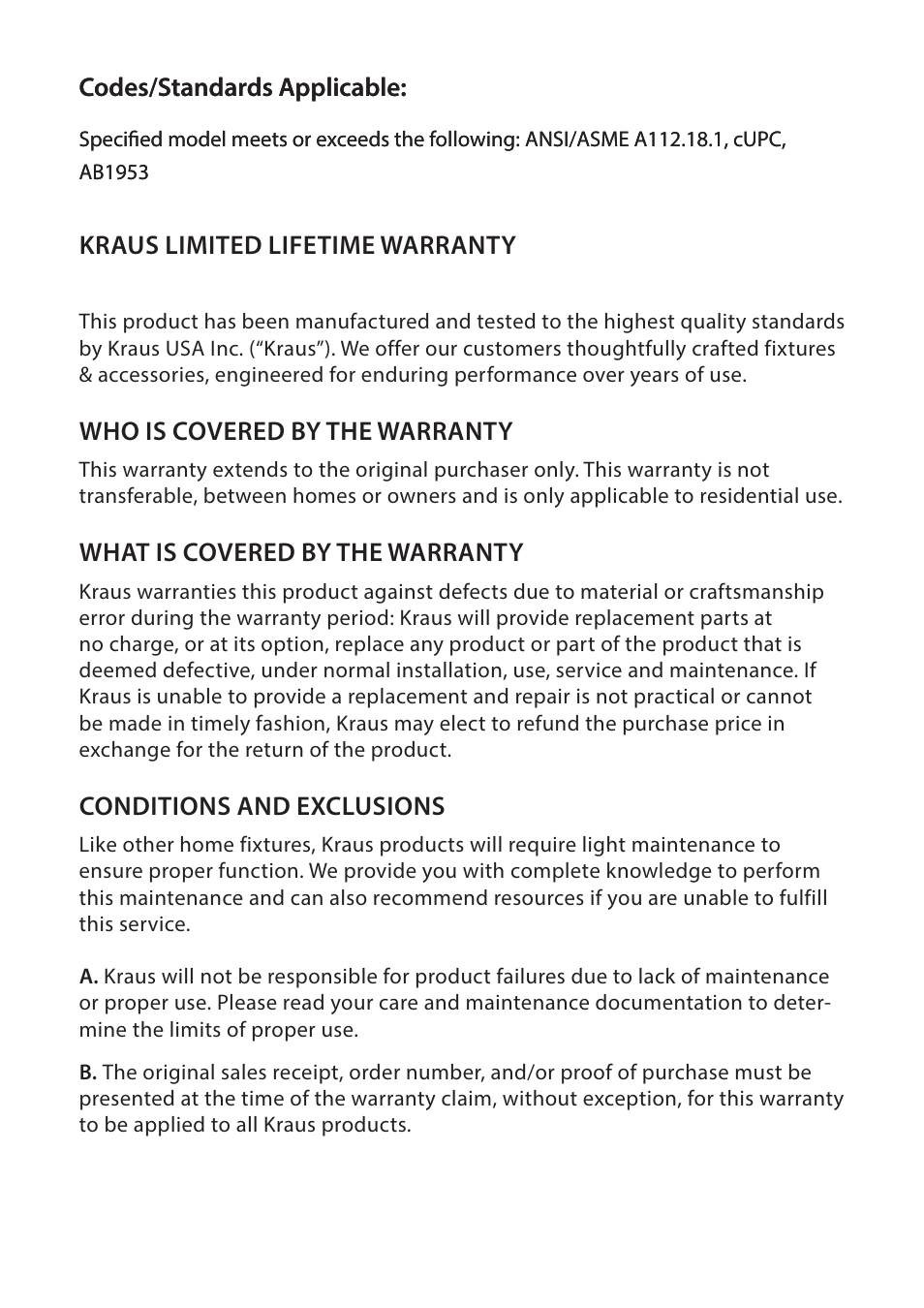 Codes/standards applicable, Kraus limited lifetime warranty, Who is covered by the warranty | What is covered by the warranty, Conditions and exclusions | Kraus FVS-1002 User Manual | Page 10 / 12