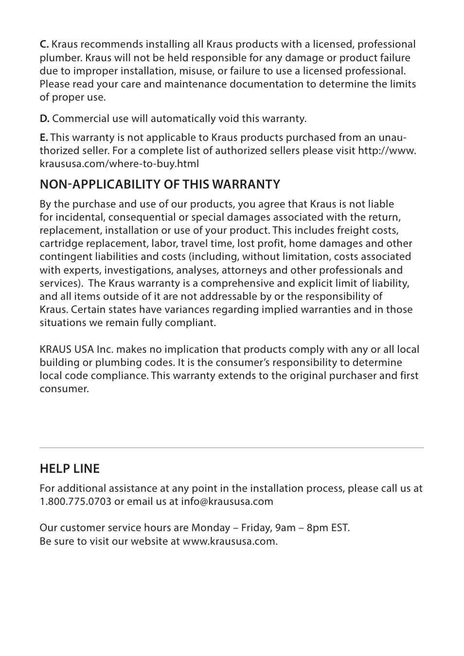Non-applicability of this warranty, Help line | Kraus FVS-1002 User Manual | Page 11 / 12