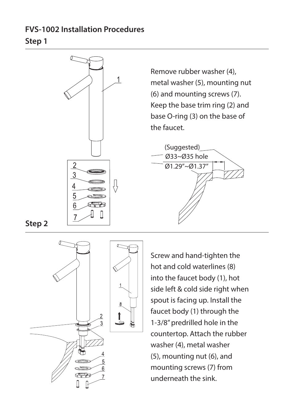 Flush the pipes do not disassemble, Step 1 step 2, Fvs-1002 installation procedures | Kraus FVS-1002 User Manual | Page 6 / 12