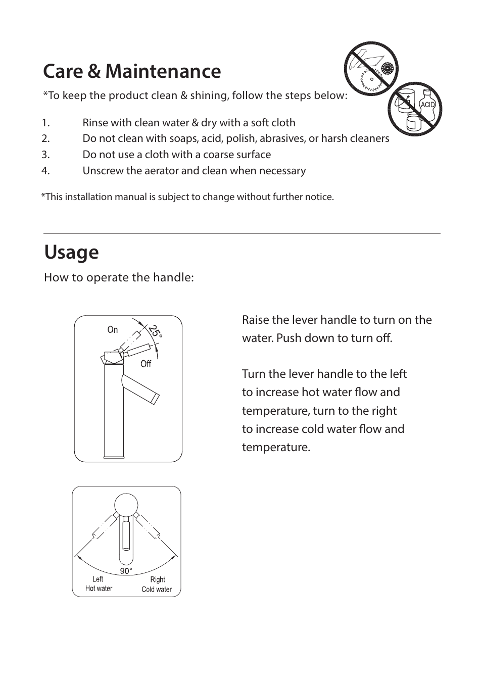 Care & maintenance, Usage, Flush the pipes do not disassemble | Kraus FVS-1002 User Manual | Page 8 / 12