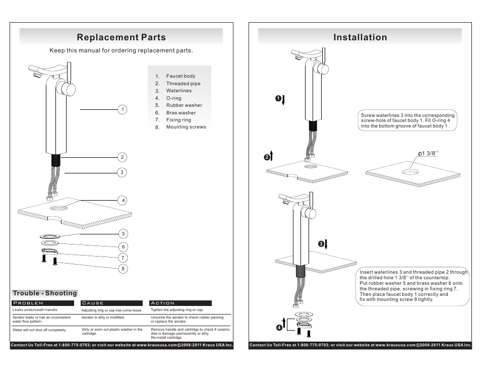 Replacement parts, Installation, Trouble - shooting | Kraus C-KCV-141-14300CH User Manual | Page 2 / 2