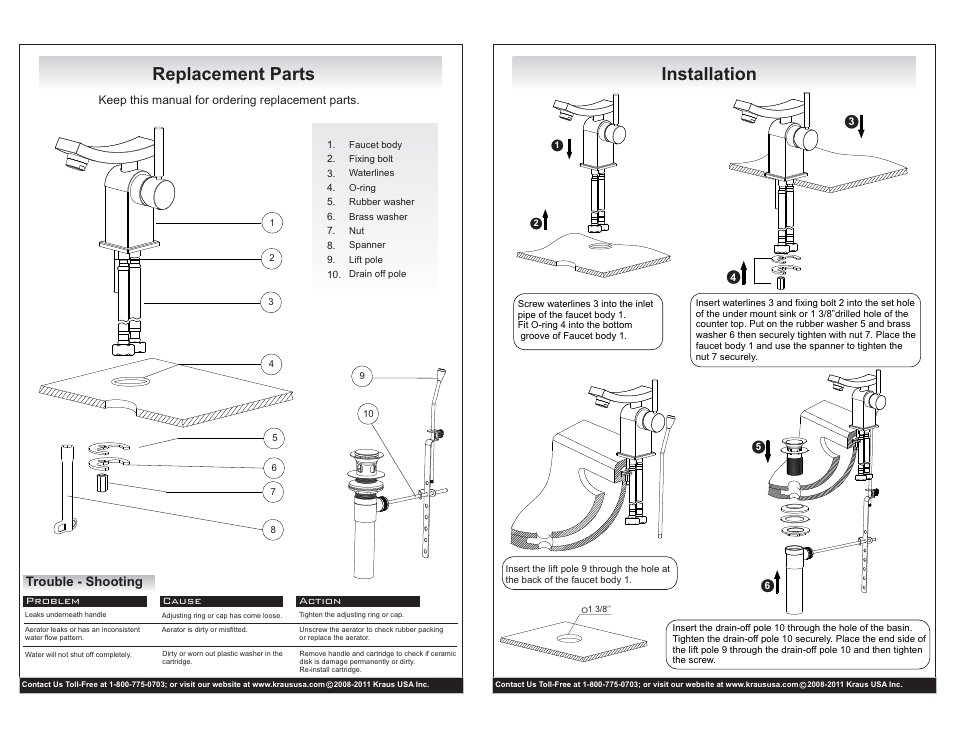 Replacement parts, Installation, Trouble - shooting | Kraus C-KCV-150-14301 User Manual | Page 2 / 2