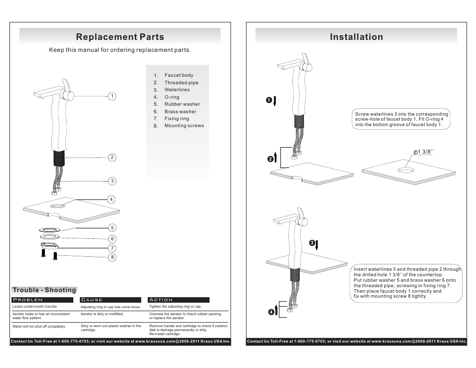 Replacement parts, Installation, Trouble - shooting | Kraus C-KCV-141-14600CH User Manual | Page 2 / 2
