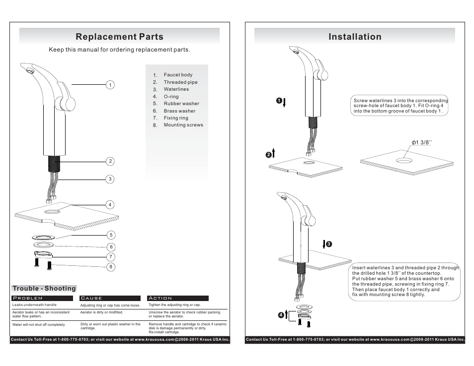 Replacement parts, Installation, Trouble - shooting | Kraus C-KCV-141-14700CH User Manual | Page 2 / 2