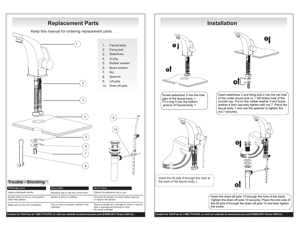 Installation, Replacement parts, Trouble - shooting | Kraus C-KCV-150-14701 User Manual | Page 2 / 2