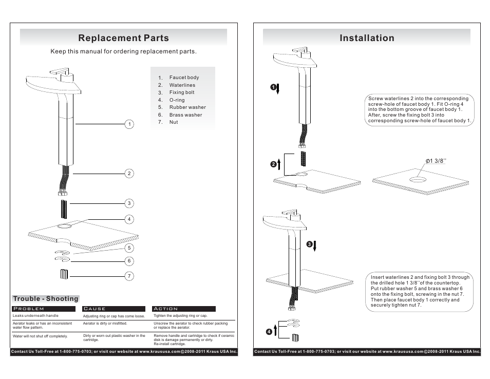 Replacement parts, Installation, Trouble - shooting | Kraus C-KCV-141-14800CH User Manual | Page 2 / 2