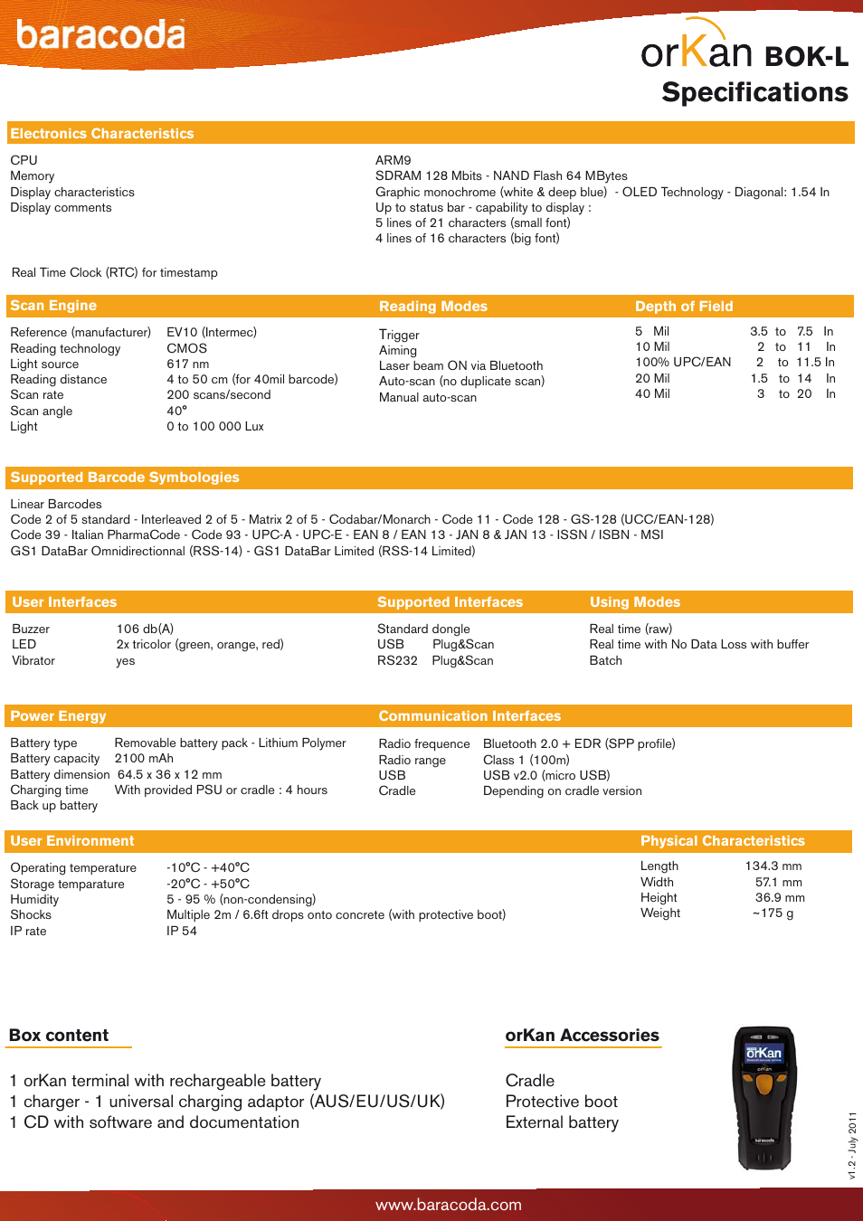 Specifications, Bok-l | Baracoda 1D CMOS User Manual | Page 2 / 2