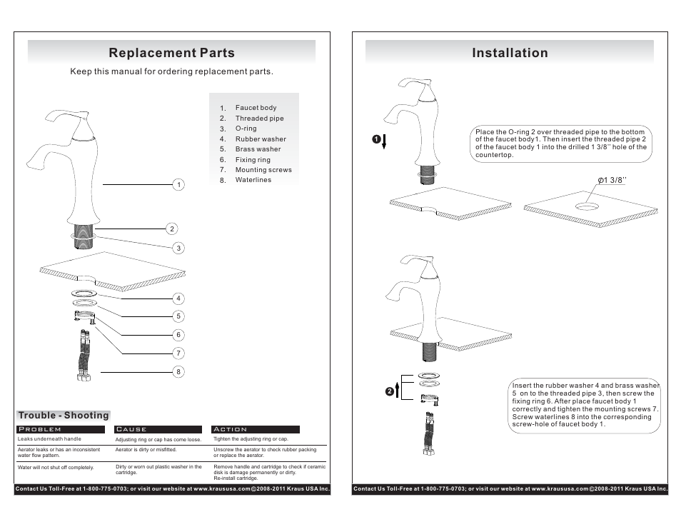 Replacement parts, Installation, Trouble - shooting | Kraus C-KCV-150-15001 User Manual | Page 2 / 2