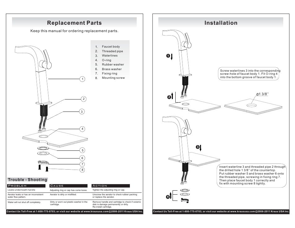 Replacement parts, Installation, Trouble - shooting | Kraus C-KCV-141-15100CH User Manual | Page 2 / 2