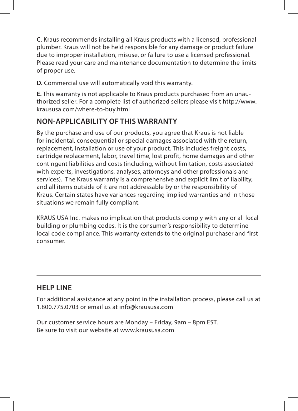 Non-applicability of this warranty, Help line | Kraus KEF-15300 User Manual | Page 11 / 12