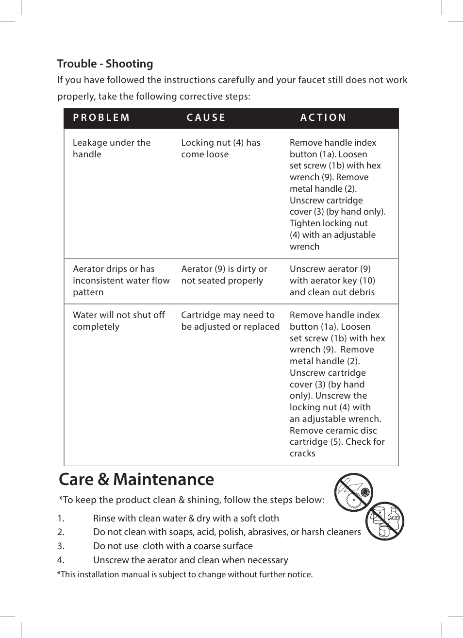 Care & maintenance, Trouble - shooting | Kraus KEF-15300 User Manual | Page 9 / 12