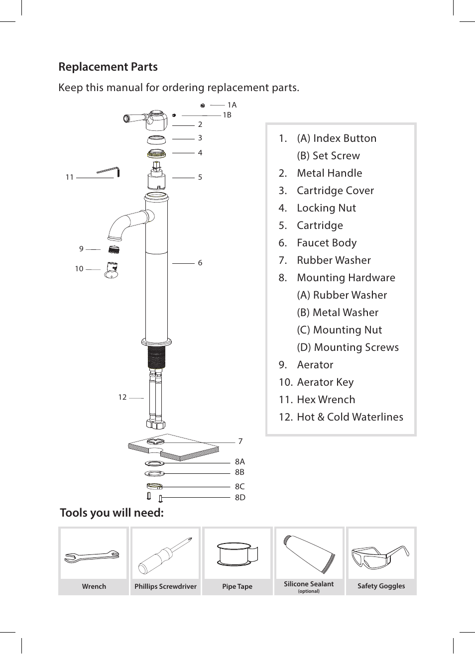 Tools you will need, Replacement parts, Keep this manual for ordering replacement parts | Kraus KEF-15600 User Manual | Page 4 / 12