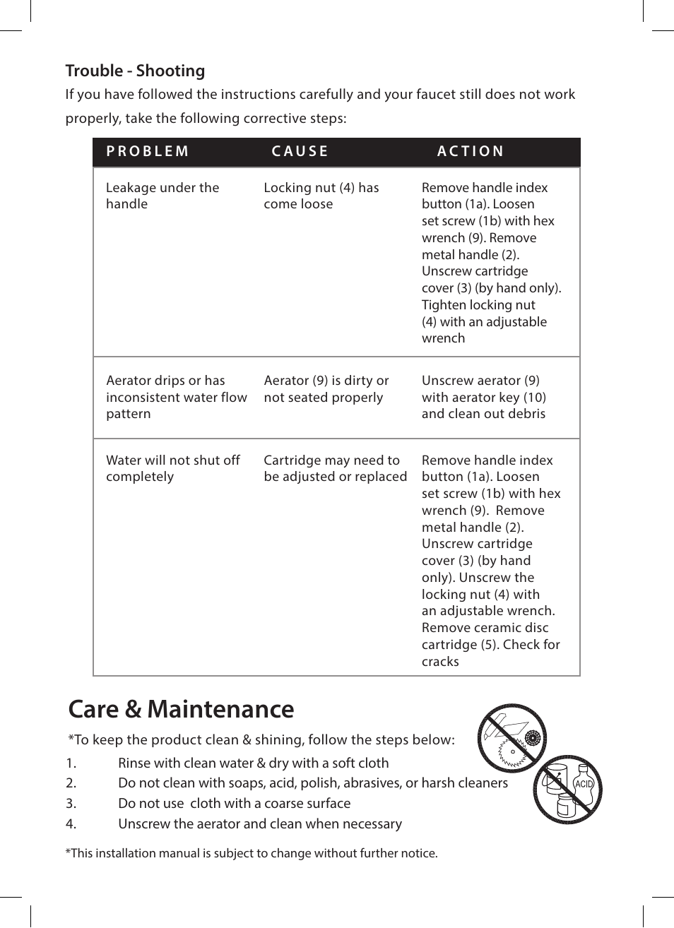 Care & maintenance, Trouble - shooting | Kraus KEF-15600 User Manual | Page 9 / 12