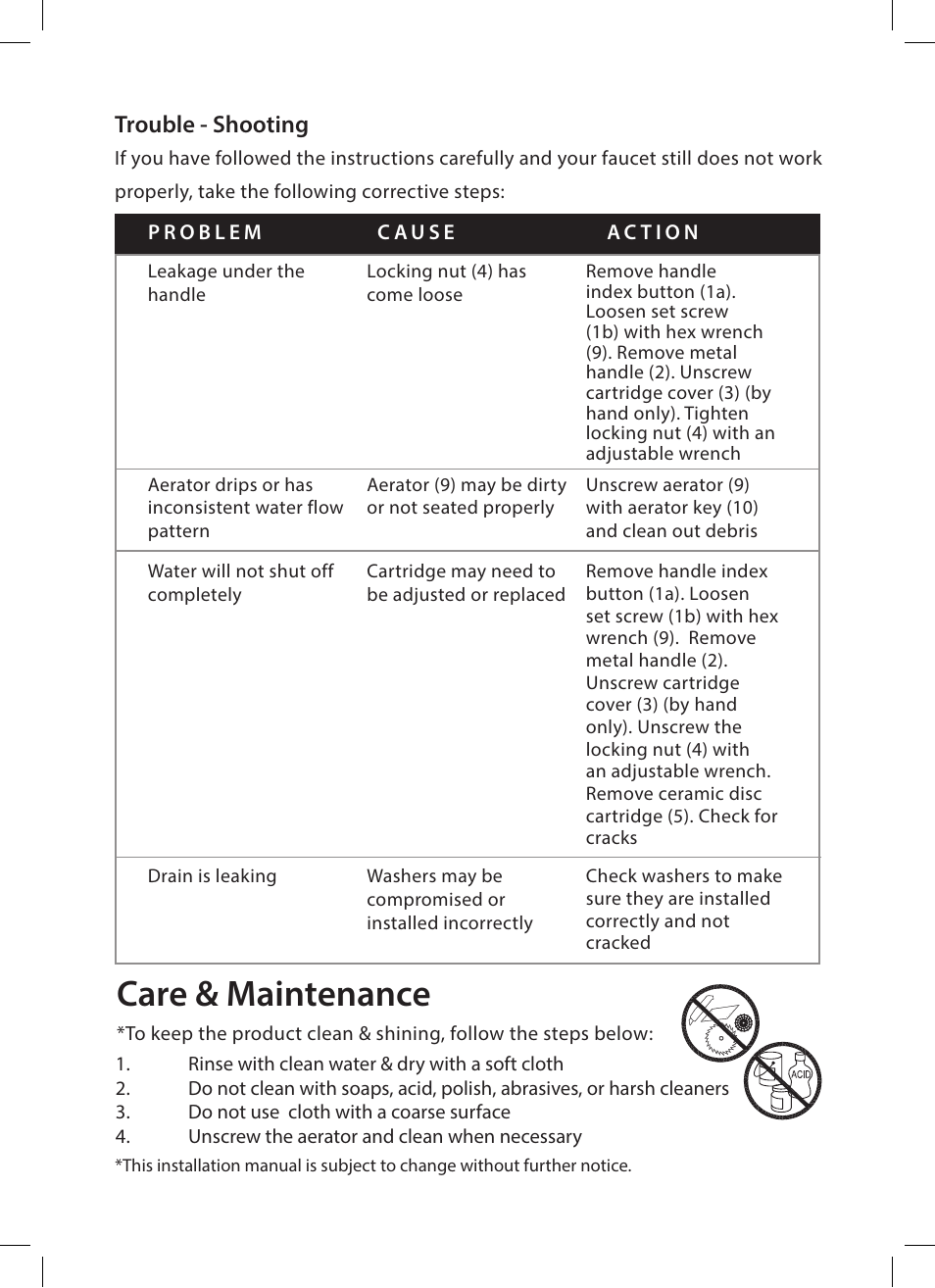 Care & maintenance, Trouble - shooting | Kraus KEF-15601 User Manual | Page 13 / 16