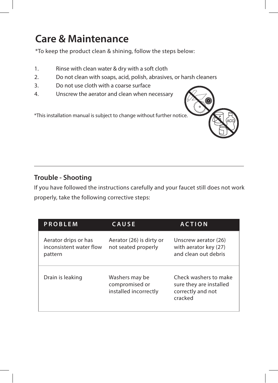 Care & maintenance, Trouble - shooting | Kraus KEF-15603 User Manual | Page 13 / 16