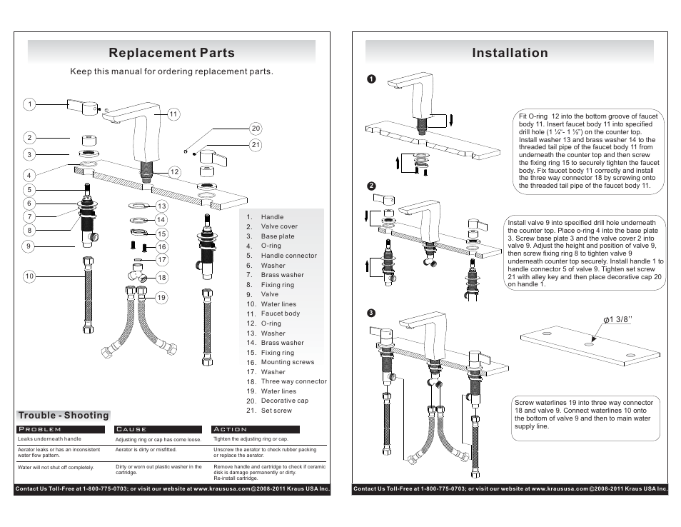 Replacement parts, Installation, Trouble - shooting | Kraus KEF-14606CH User Manual | Page 2 / 2