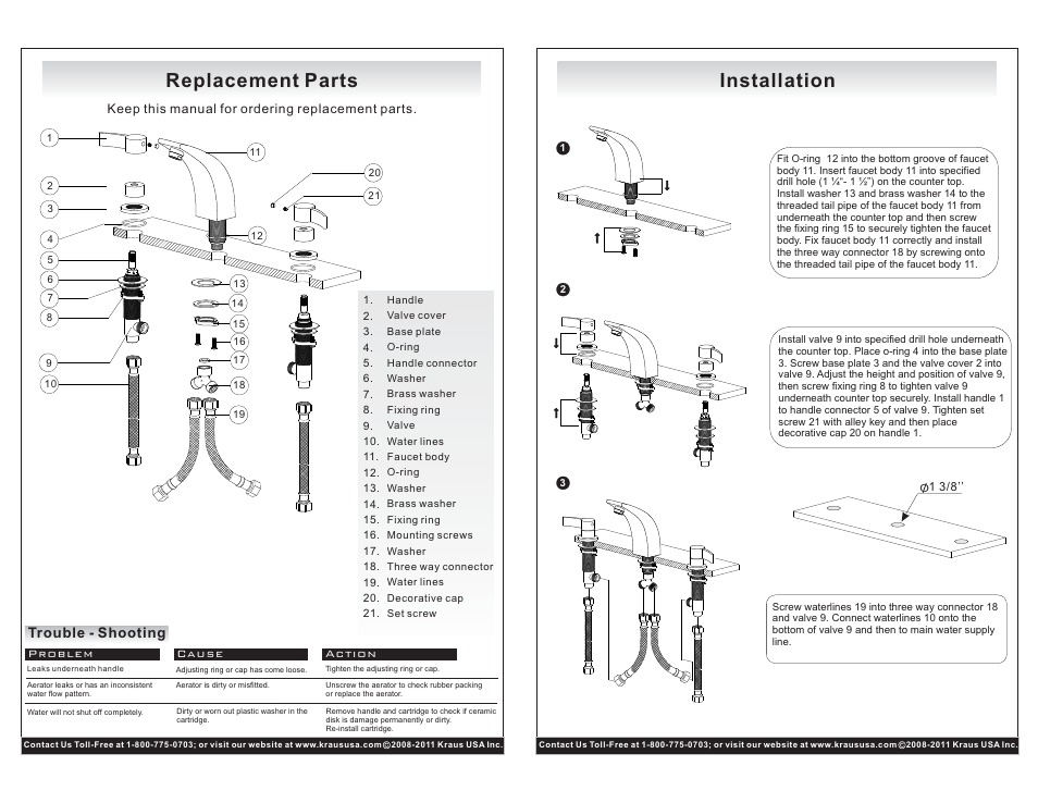 Replacement parts, Installation, Trouble - shooting | Kraus KEF-14703CH User Manual | Page 2 / 2