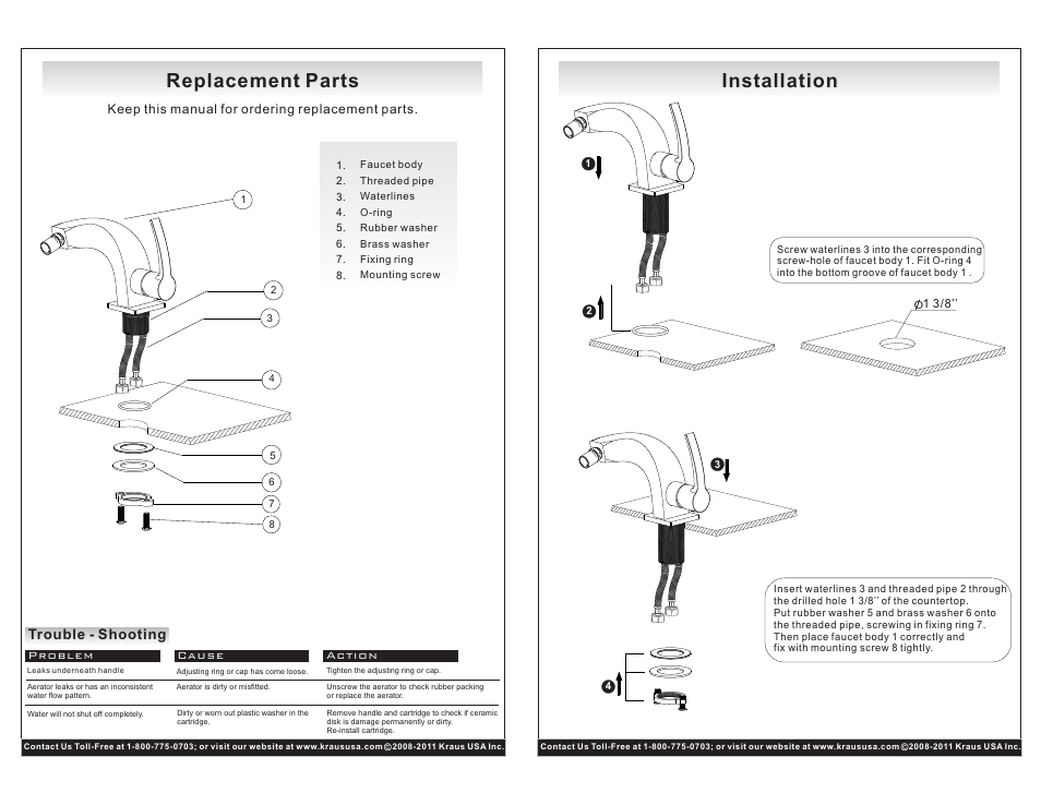 Replacement parts, Installation, Trouble - shooting | Kraus KEF-15106CH User Manual | Page 2 / 2