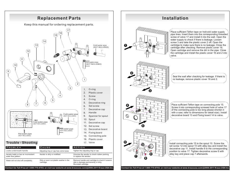 Replacement parts, Installation, Trouble - shooting | Kraus KEF-14607CH User Manual | Page 2 / 2