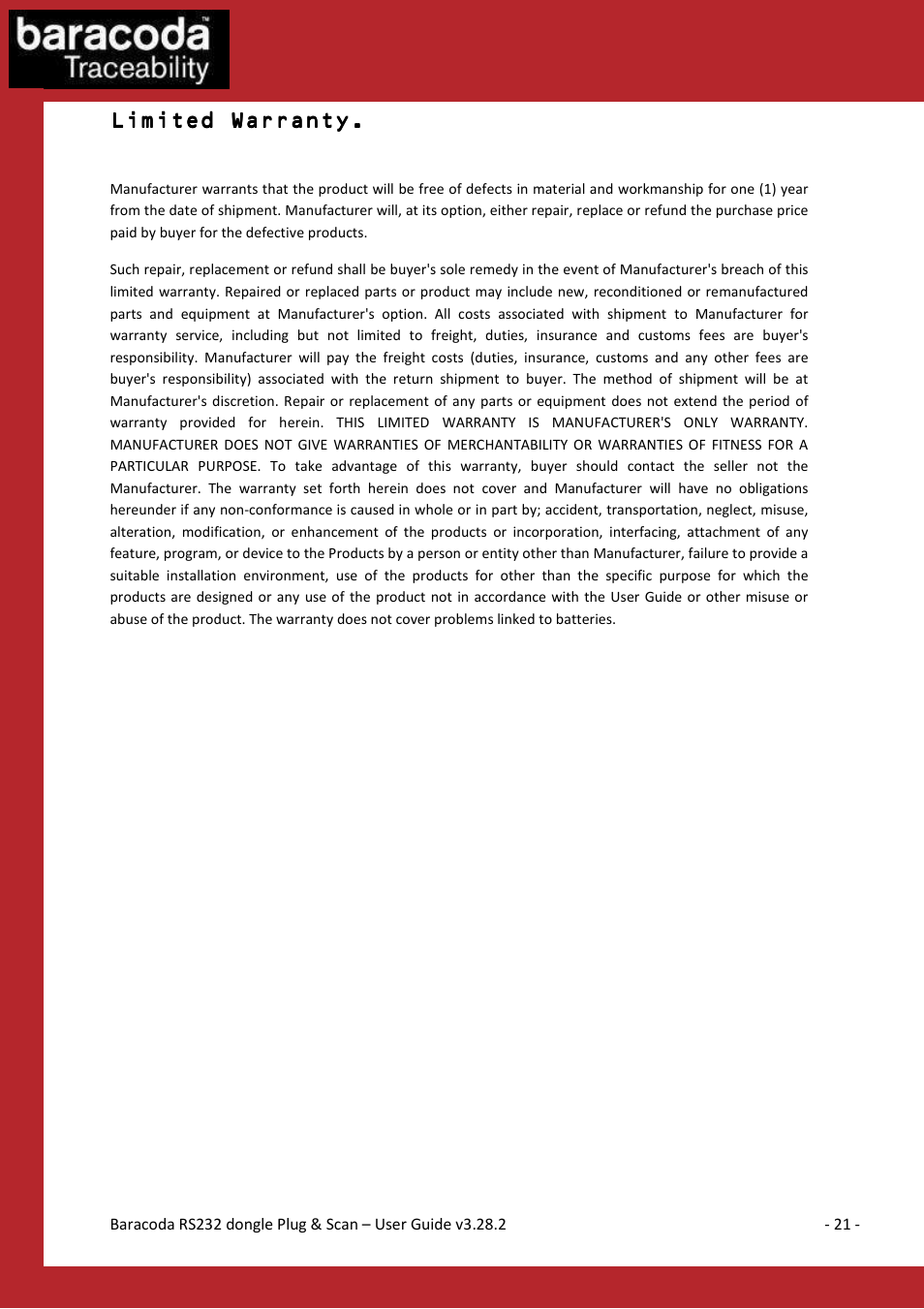 Limited warranty | Baracoda BLUETOOTH RS232RS232 User Manual | Page 21 / 21