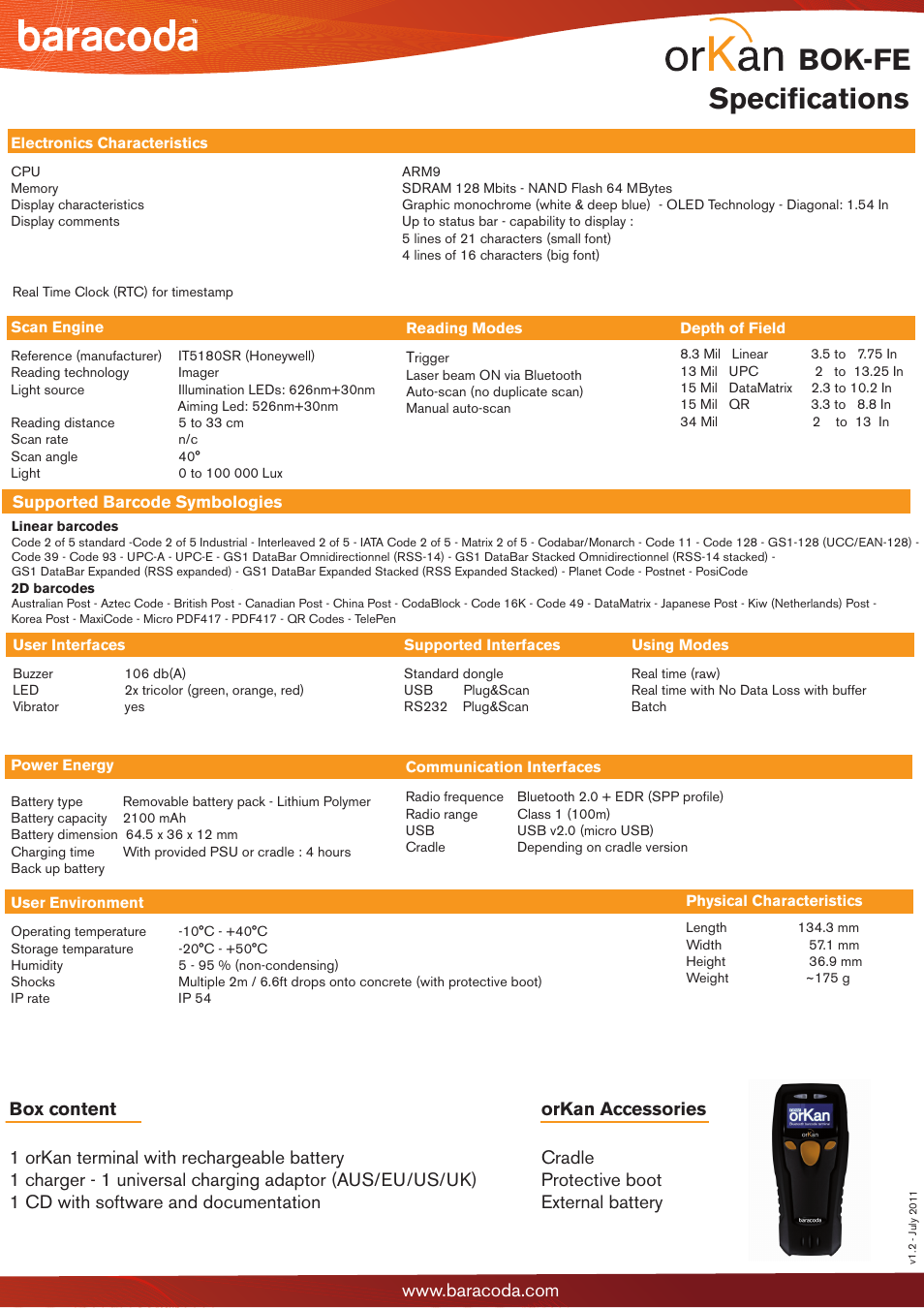 Specifications, Bok-fe | Baracoda orKan 2D Imager User Manual | Page 2 / 2