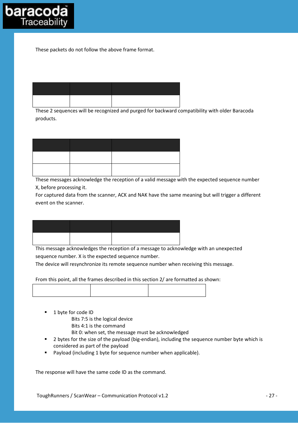 Special packets, Deprecated packets, Acknowledgment packets | Baracoda All in One Printer User Manual | Page 27 / 42