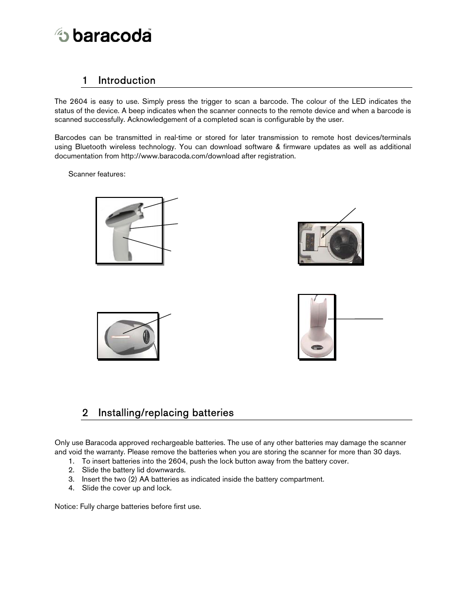 1 introduction, 2 installing/replacing batteries | Baracoda 2604 User Manual | Page 3 / 9