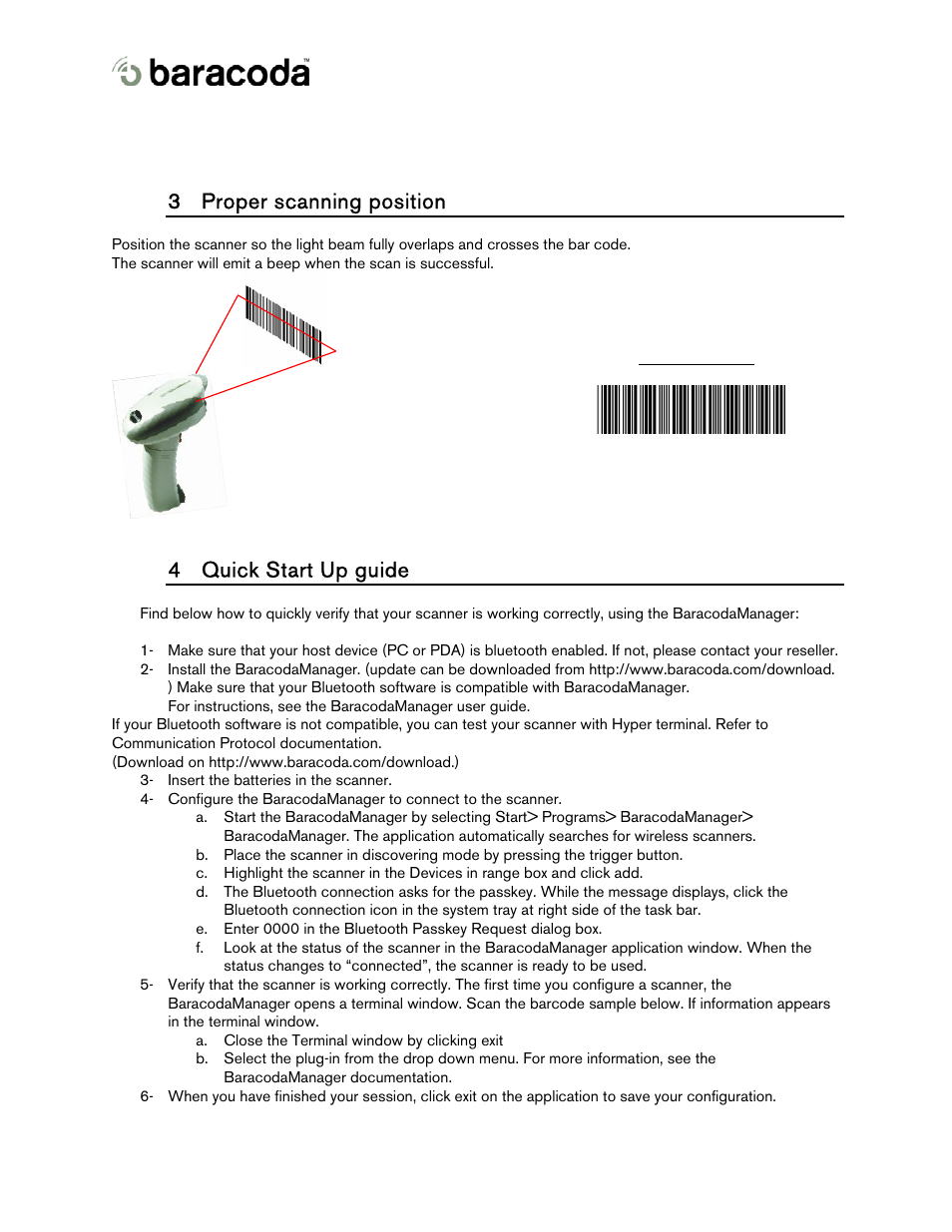 3 proper scanning position, 4 quick start up guide | Baracoda 2604 User Manual | Page 4 / 9