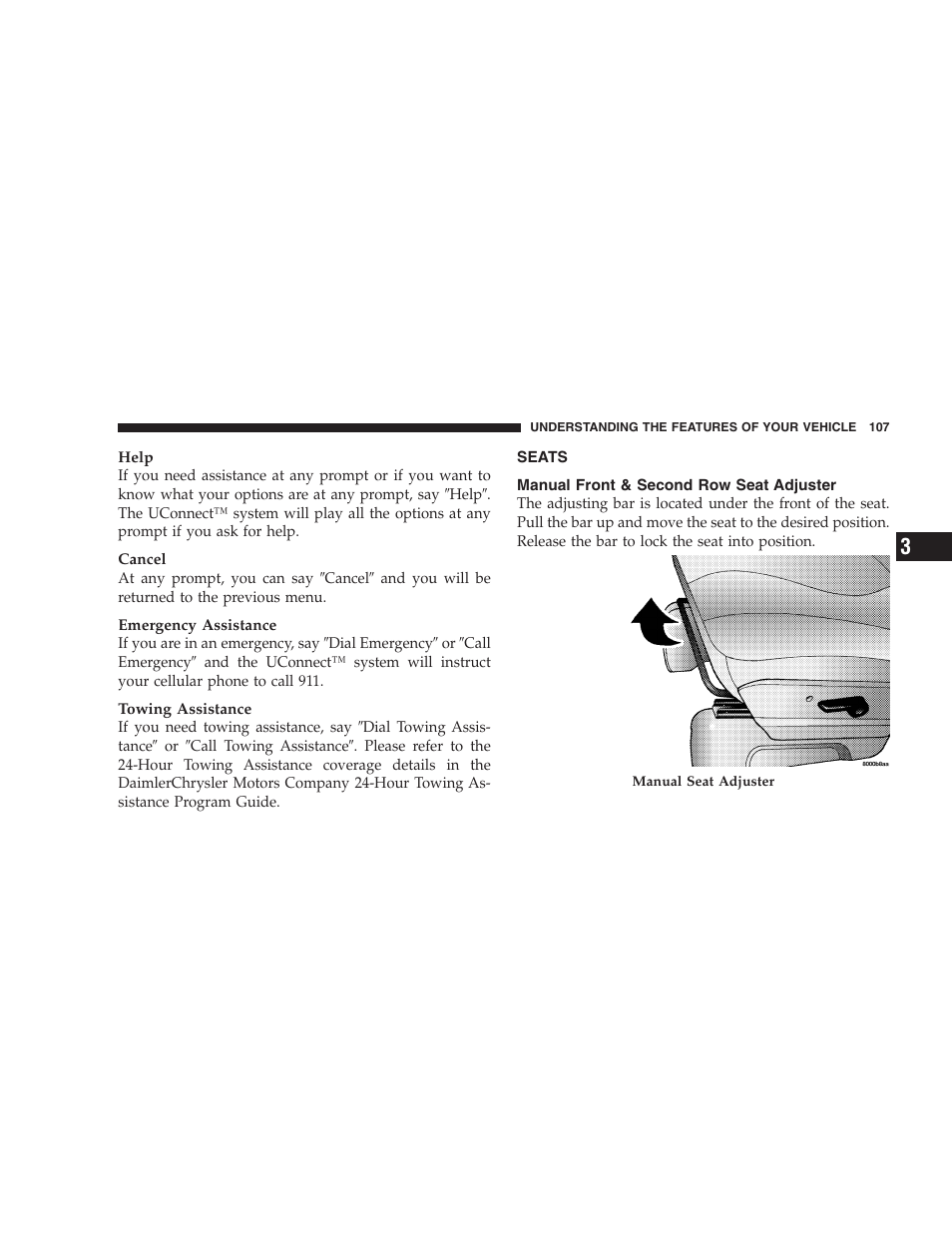 Seats, Manual front & second row seat adjuster | Dodge 2005 Grand Caravan User Manual | Page 107 / 480