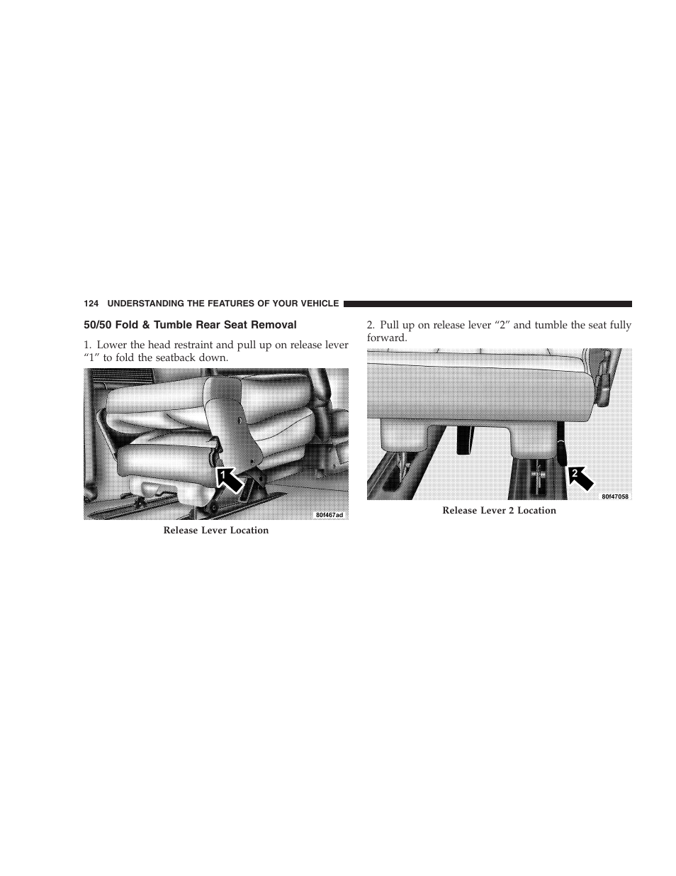 50/50 fold & tumble rear seat removal | Dodge 2005 Grand Caravan User Manual | Page 124 / 480