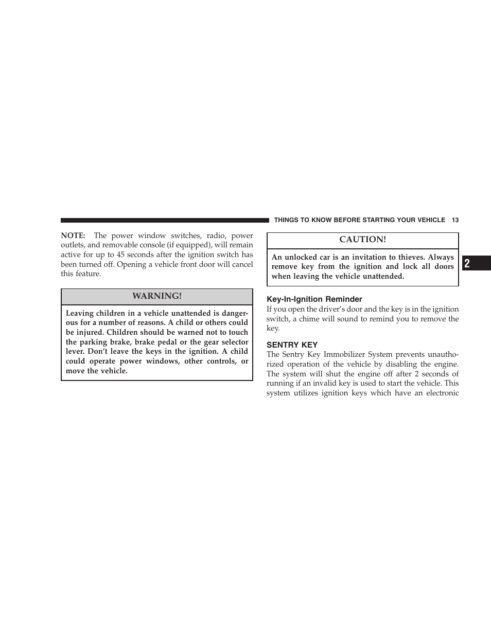 Key-in-ignition reminder, Sentry key | Dodge 2005 Grand Caravan User Manual | Page 13 / 480