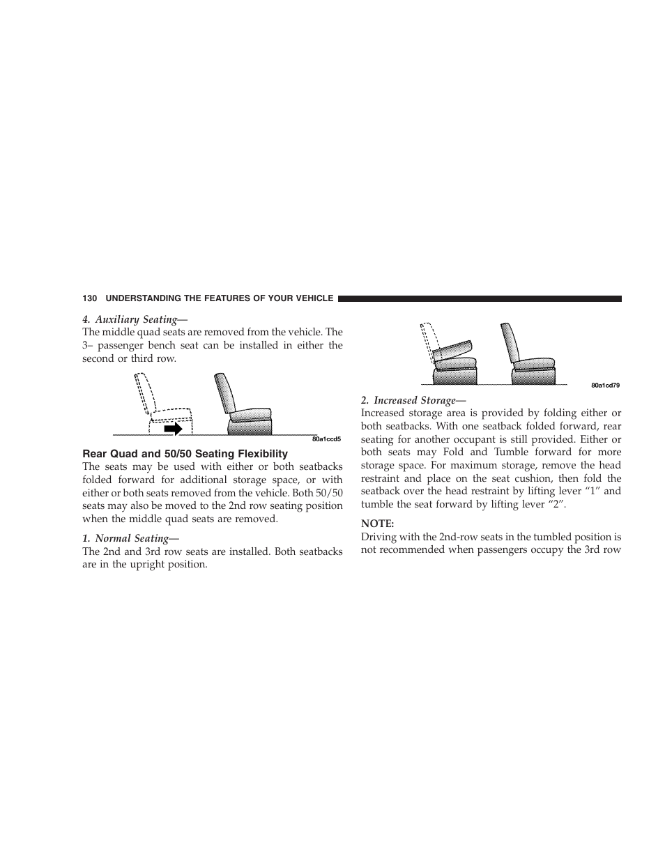 Rear quad and 50/50 seating flexibility | Dodge 2005 Grand Caravan User Manual | Page 130 / 480