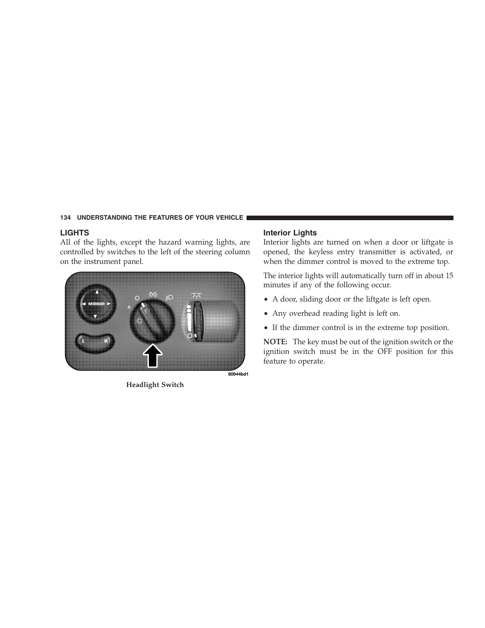 Lights, Interior lights | Dodge 2005 Grand Caravan User Manual | Page 134 / 480