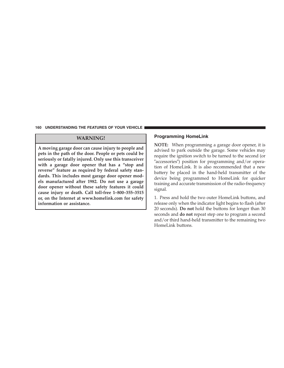 Programming homelink | Dodge 2005 Grand Caravan User Manual | Page 160 / 480