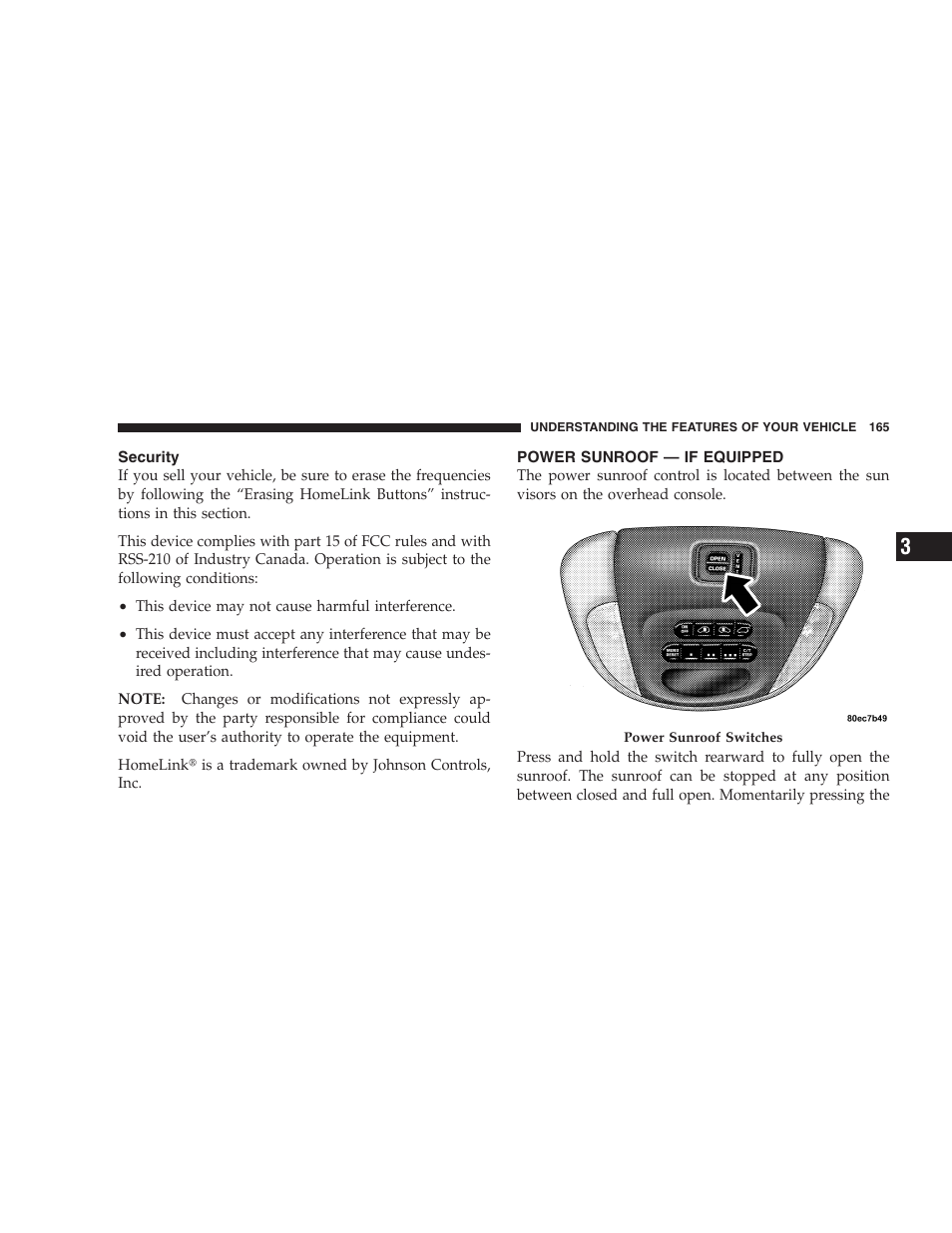 Security, Power sunroof — if equipped | Dodge 2005 Grand Caravan User Manual | Page 165 / 480