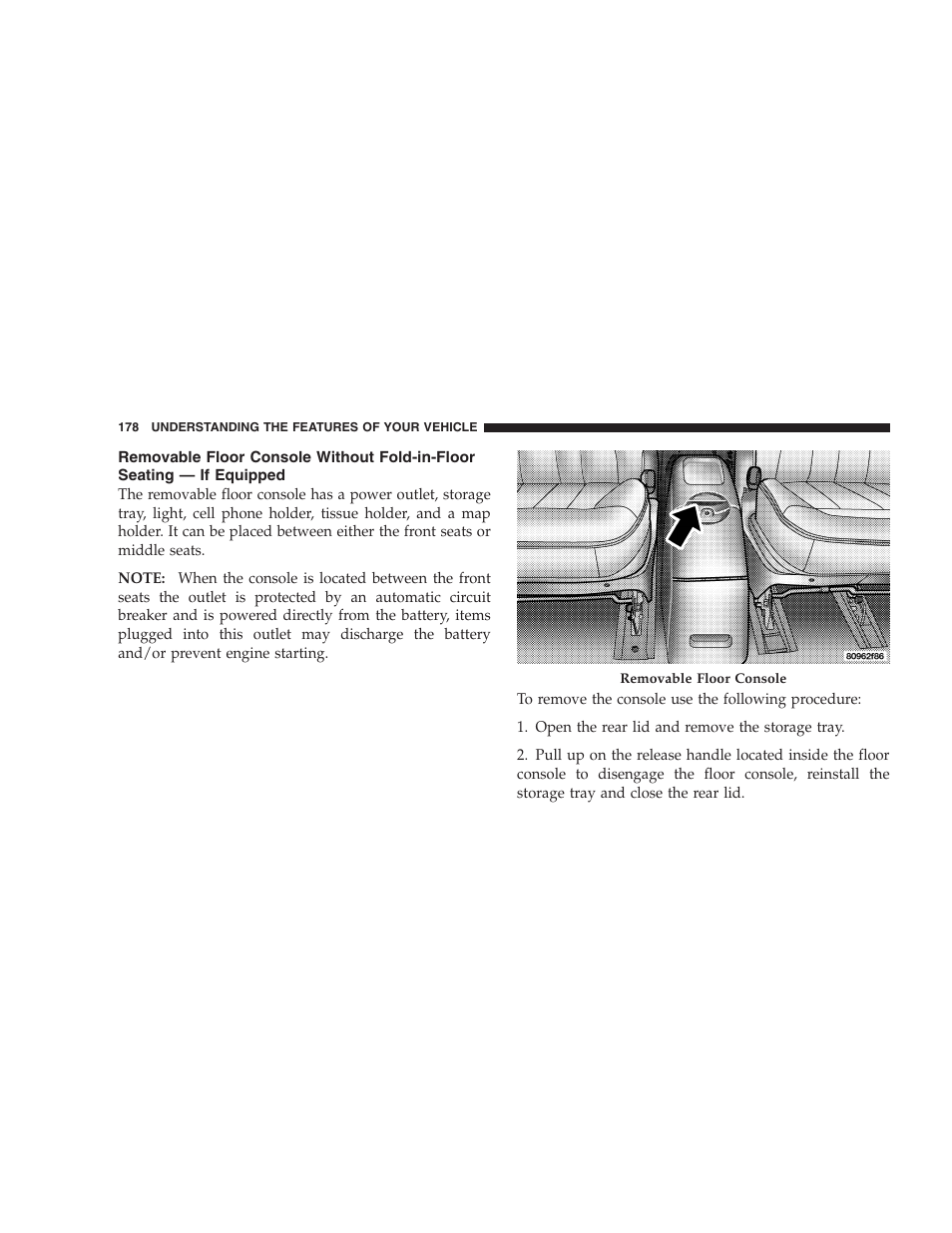 Removable floor console without fold-in-floor, Seating — if equipped | Dodge 2005 Grand Caravan User Manual | Page 178 / 480