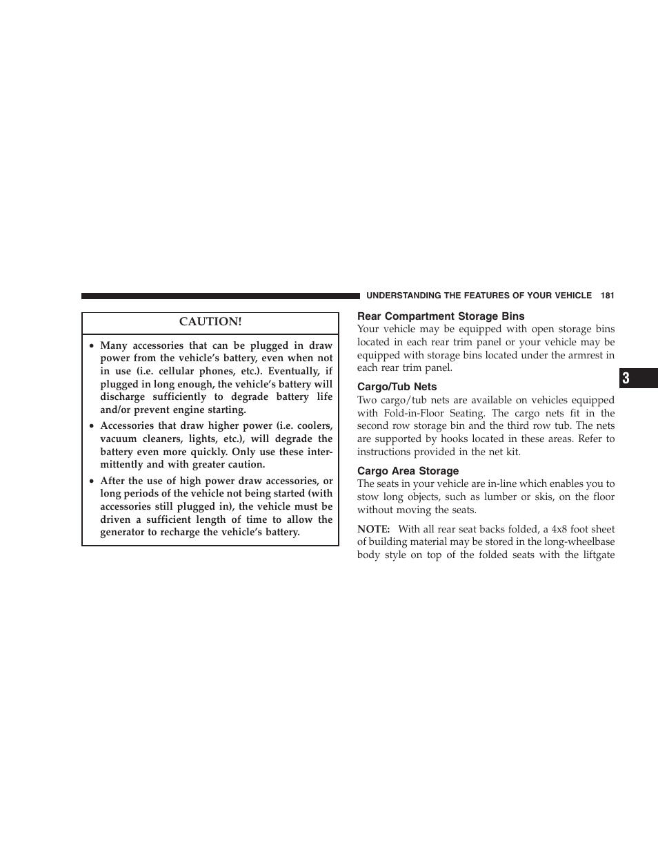 Rear compartment storage bins, Cargo/tub nets, Cargo area storage | Dodge 2005 Grand Caravan User Manual | Page 181 / 480