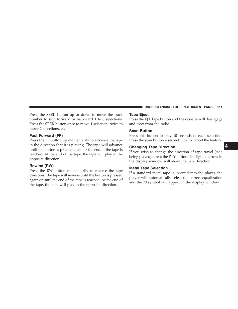Fast forward (ff), Rewind (rw), Tape eject | Scan button, Changing tape direction, Metal tape selection | Dodge 2005 Grand Caravan User Manual | Page 211 / 480