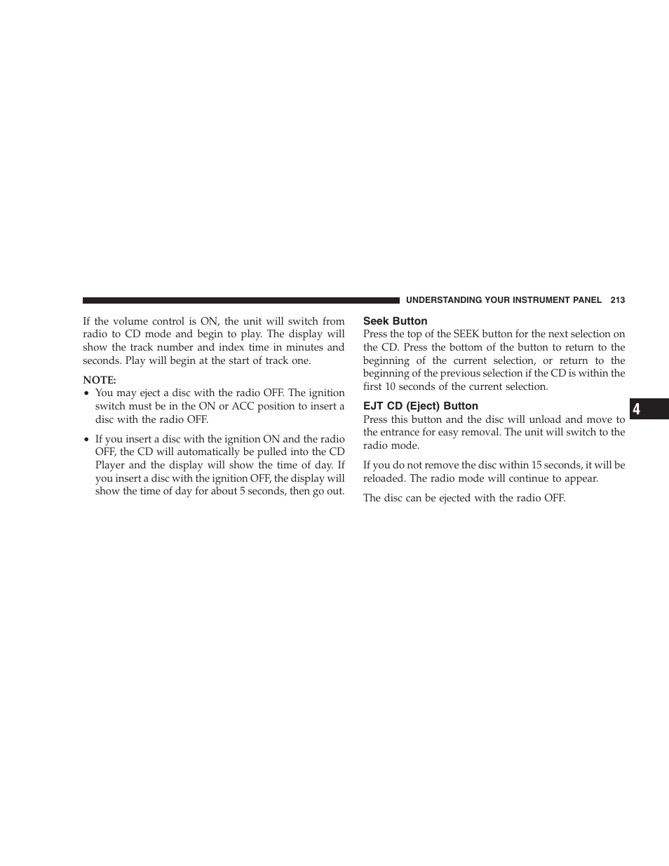 Seek button, Ejt cd (eject) button | Dodge 2005 Grand Caravan User Manual | Page 213 / 480
