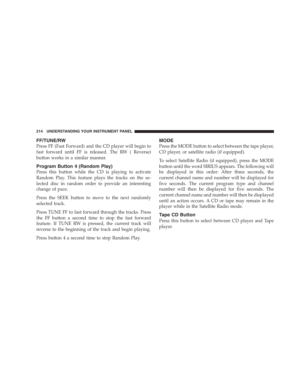 Ff/tune/rw, Program button 4 (random play), Mode | Tape cd button | Dodge 2005 Grand Caravan User Manual | Page 214 / 480