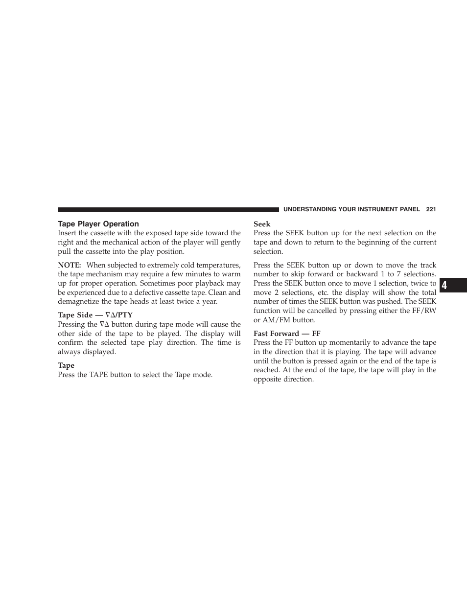 Tape player operation | Dodge 2005 Grand Caravan User Manual | Page 221 / 480