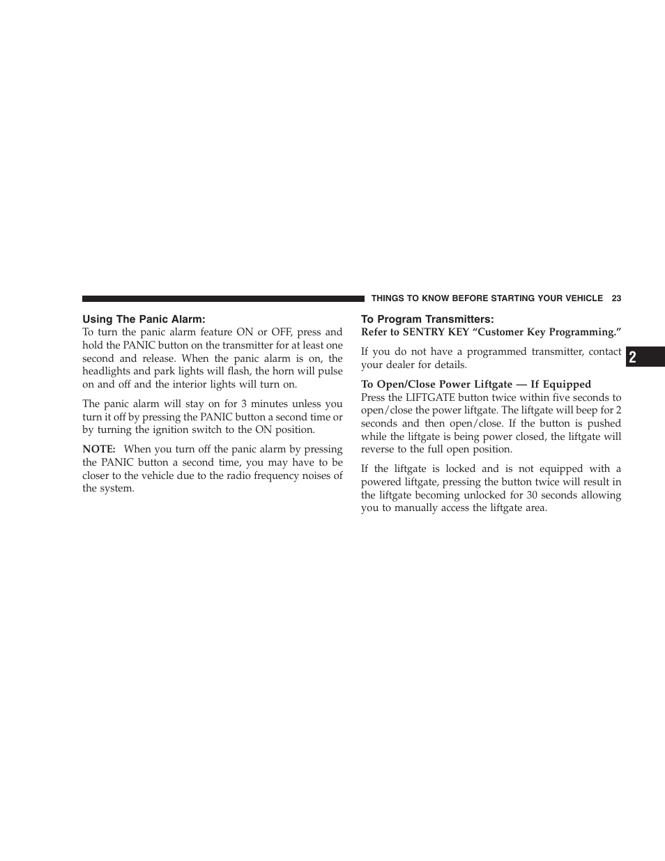 Using the panic alarm, To program transmitters | Dodge 2005 Grand Caravan User Manual | Page 23 / 480