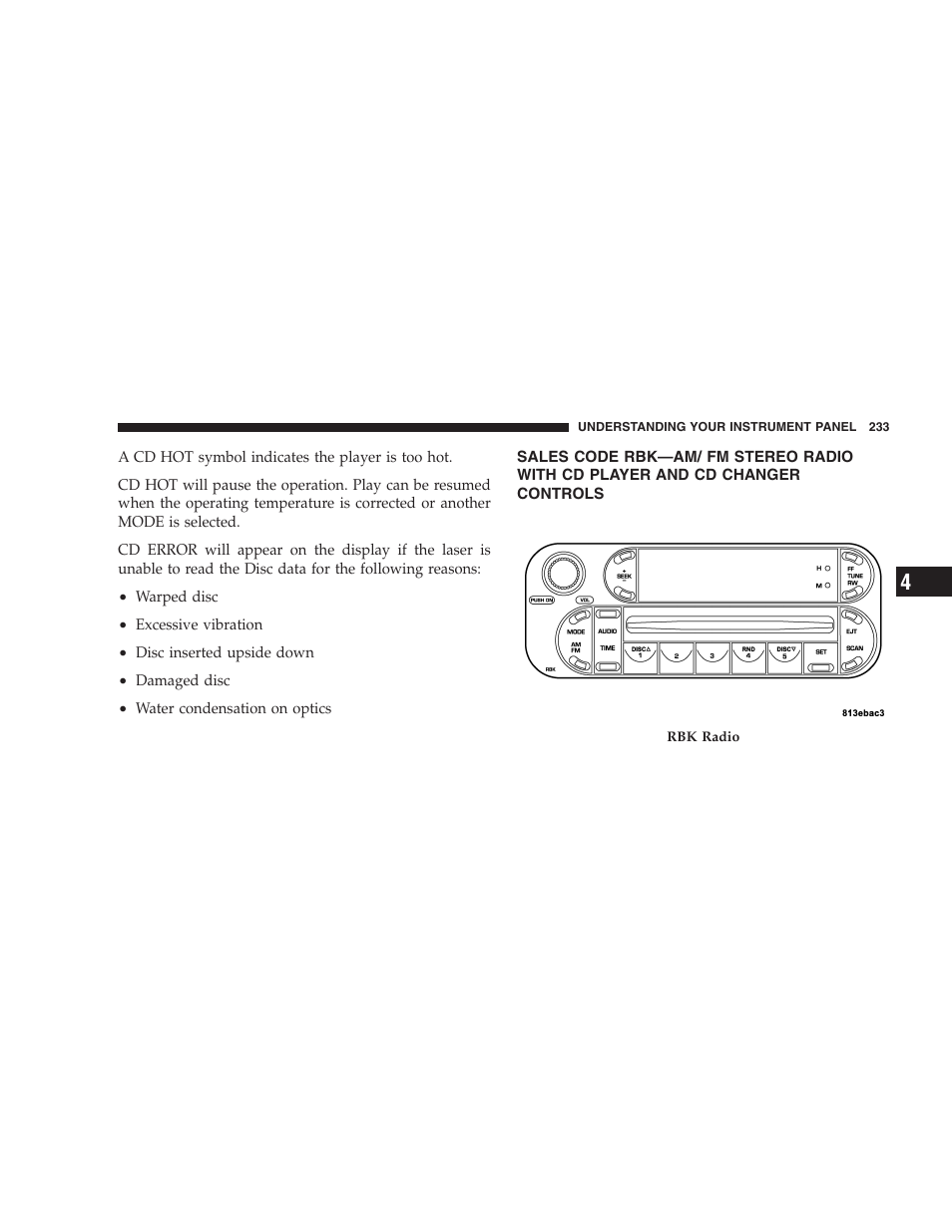 Sales code rbk—am/ fm stereo radio with cd, Player and cd changer controls | Dodge 2005 Grand Caravan User Manual | Page 233 / 480