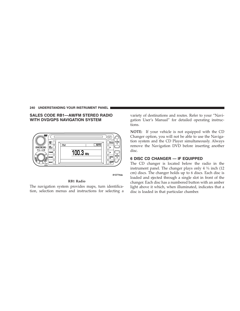 Sales code rb1—am/fm stereo radio with, Dvd/gps navigation system, 6 disc cd changer — if equipped | Dodge 2005 Grand Caravan User Manual | Page 240 / 480