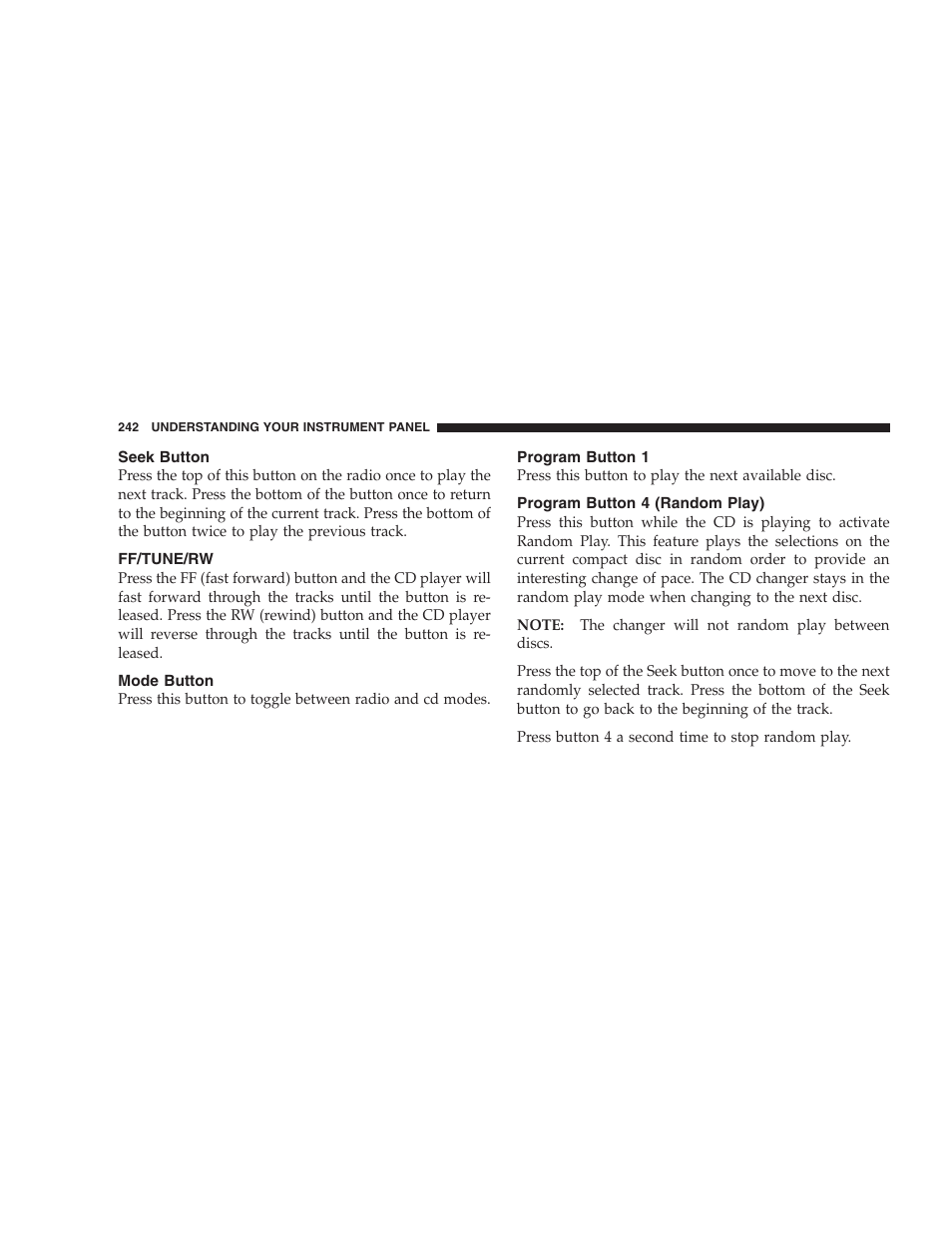 Seek button, Ff/tune/rw, Mode button | Program button 1, Program button 4 (random play) | Dodge 2005 Grand Caravan User Manual | Page 242 / 480