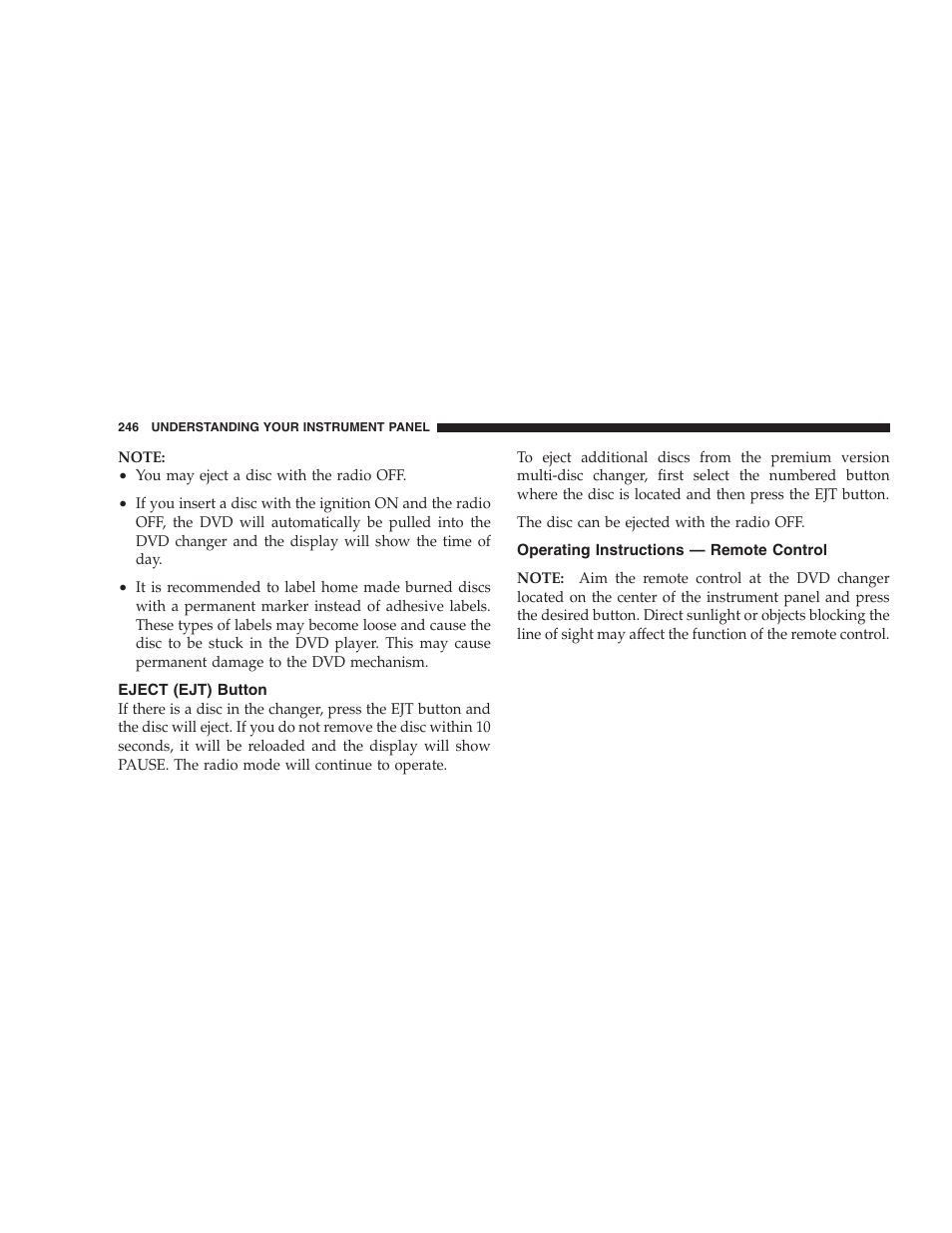 Eject (ejt) button, Operating instructions — remote control | Dodge 2005 Grand Caravan User Manual | Page 246 / 480