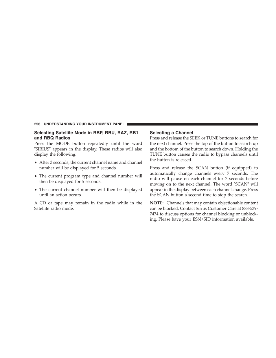 Selecting satellite mode in rbp, rbu, raz, rb1, And rbq radios, Selecting a channel | Dodge 2005 Grand Caravan User Manual | Page 256 / 480