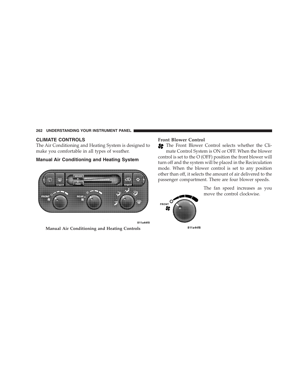Climate controls, Manual air conditioning and, Heating system | Dodge 2005 Grand Caravan User Manual | Page 262 / 480