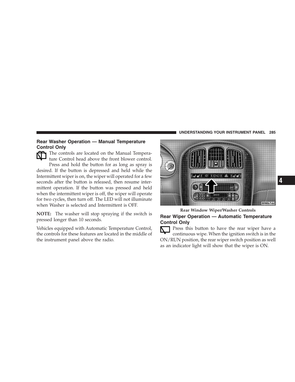Rear washer operation — manual temperature, Control only, Rear wiper operation — automatic temperature | Dodge 2005 Grand Caravan User Manual | Page 285 / 480